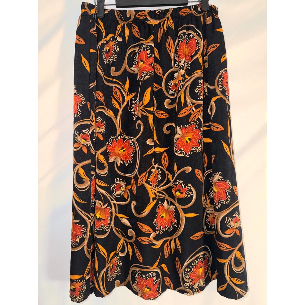 Nikki Vintage Floral Midi Skirt Black Orange Red Elastic Waist Size L